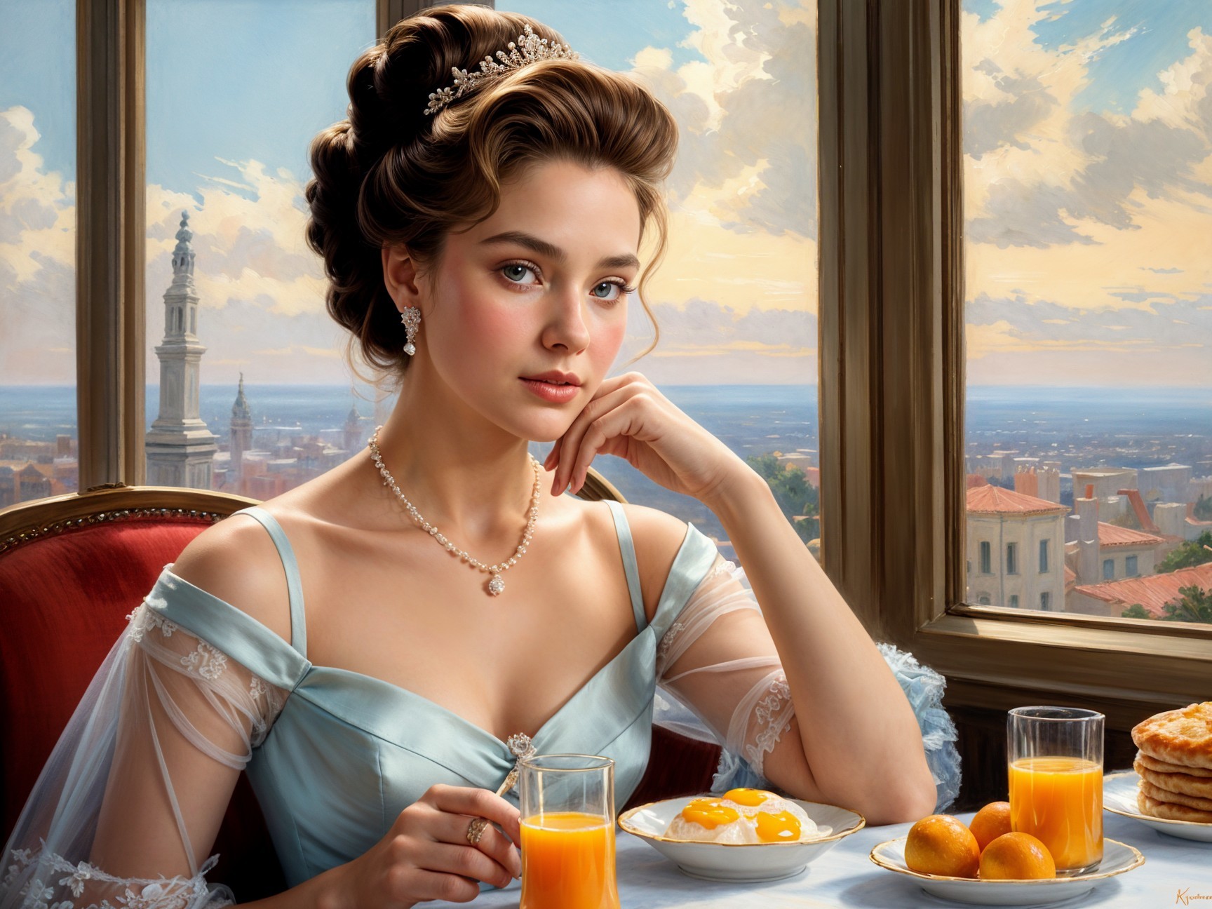 Young woman in blue gown at elegant breakfast table