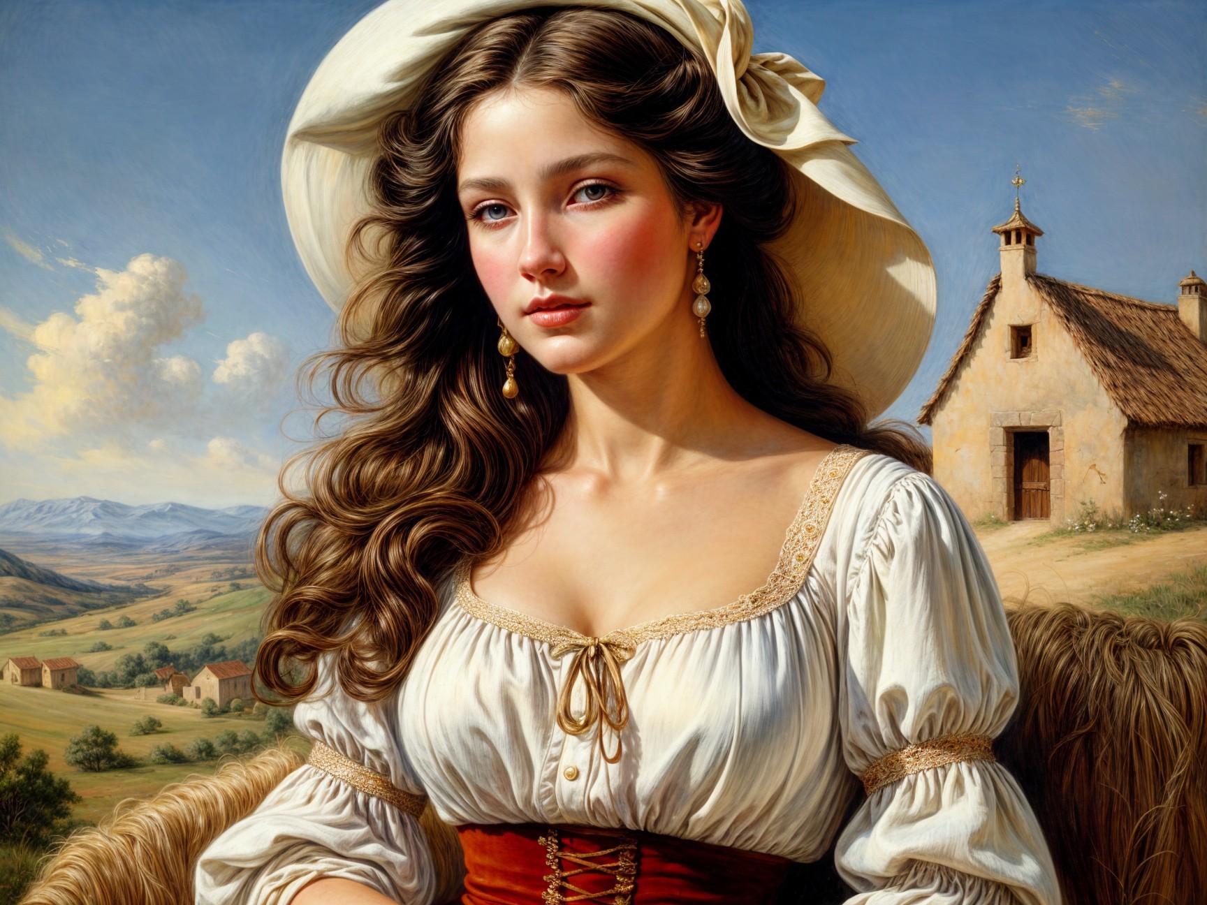 Young woman in white blouse and red corset in landscape