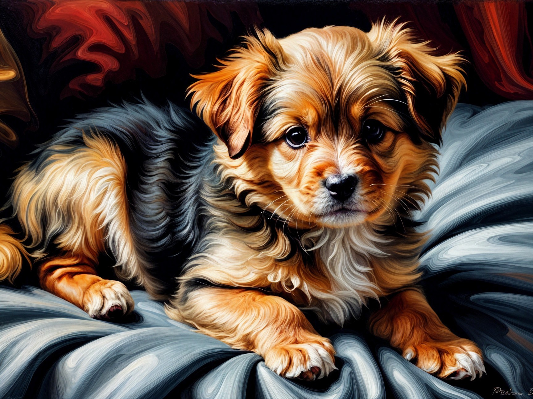 Fluffy Puppy on Plush Cushion in Warm Atmosphere