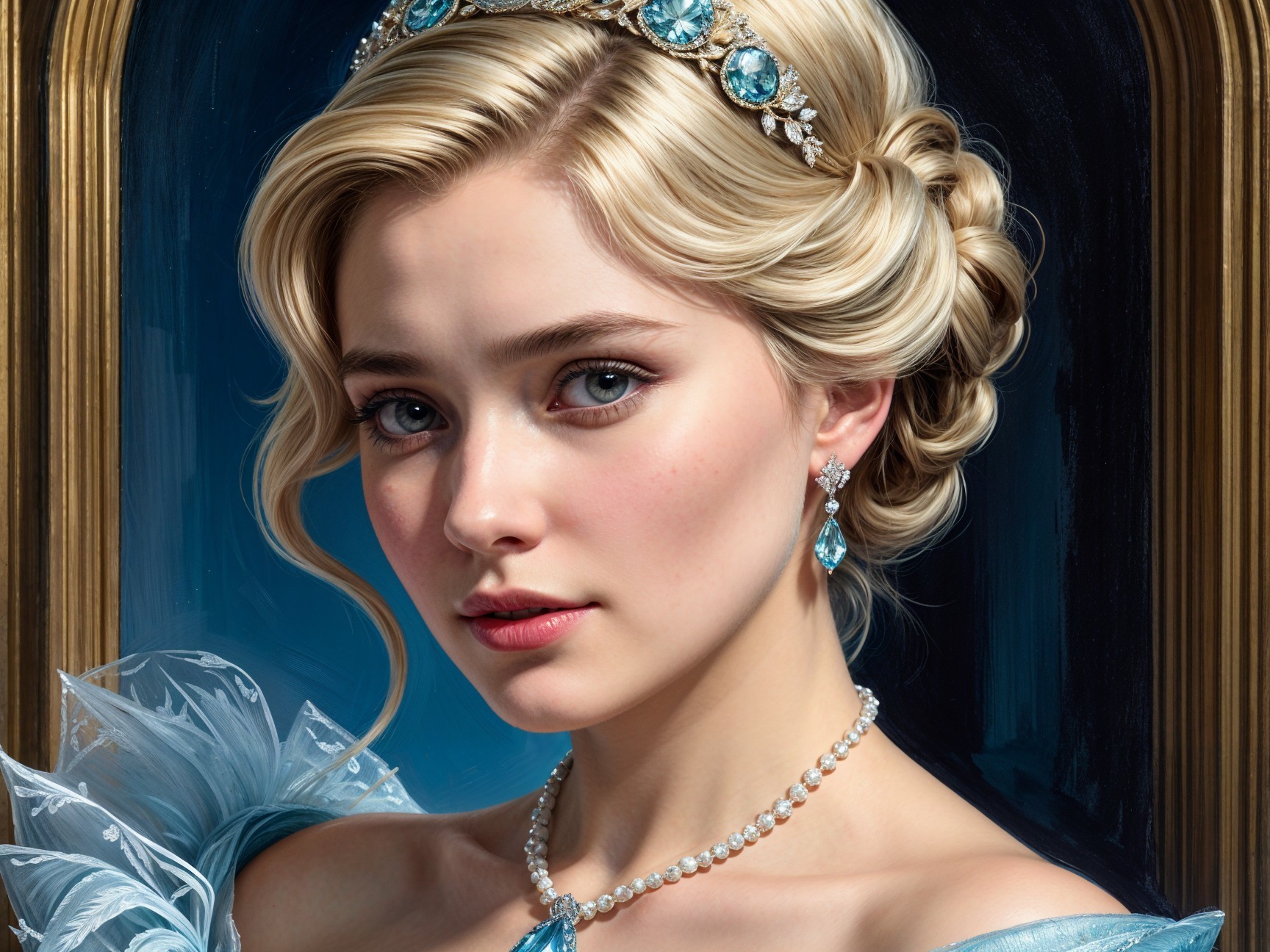 Elegant Young Woman in Blue Gown with Tiara and Earrings