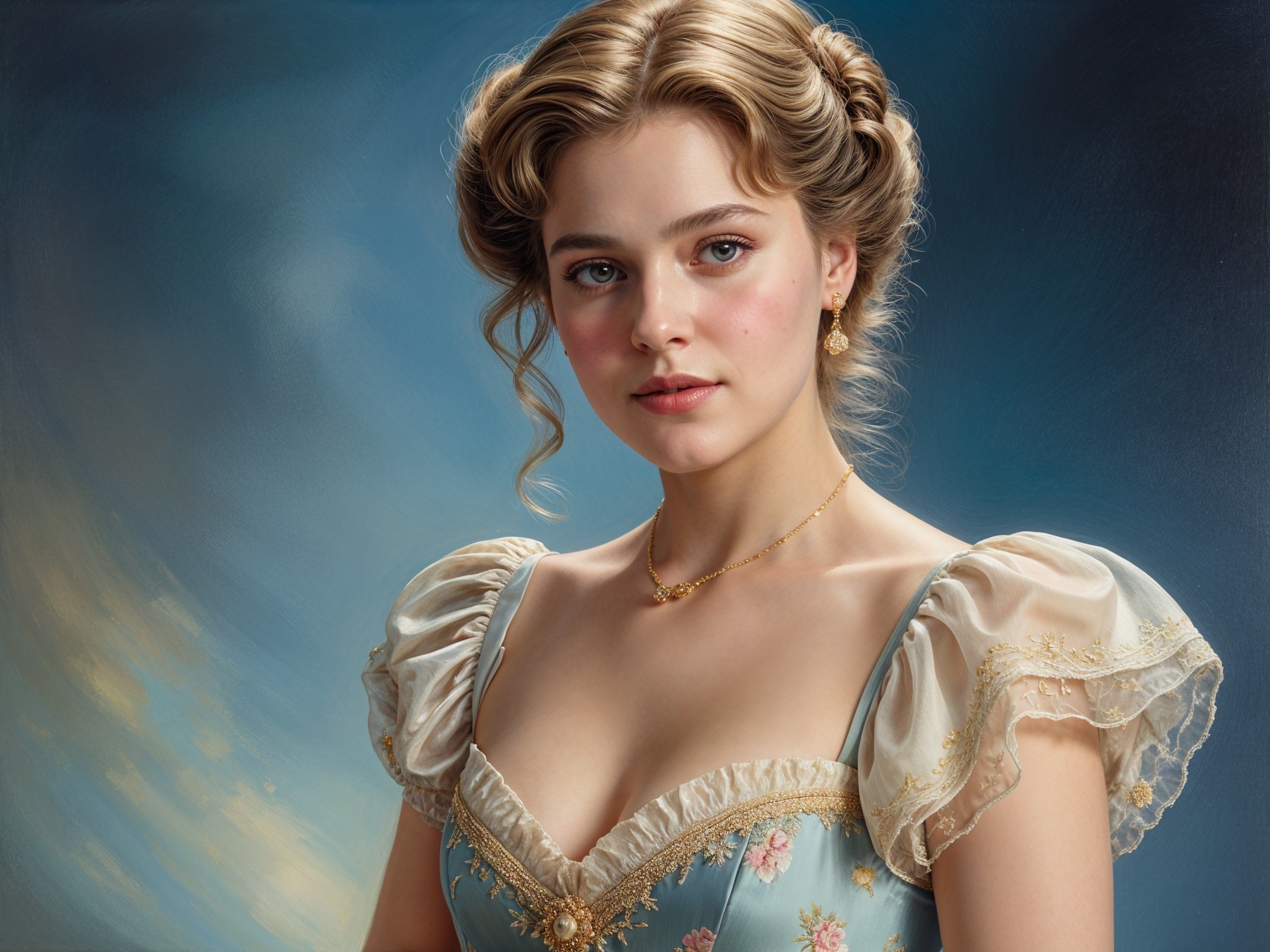 Young woman in pastel blue dress with floral designs
