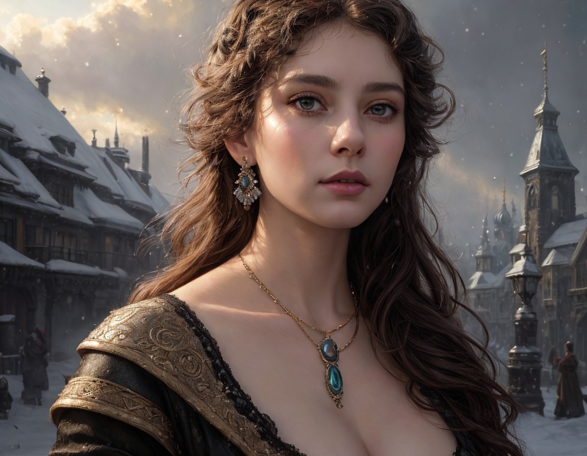 Digital artwork: Woman with braided brown hair in gold-trimmed dress, snowy village backdrop