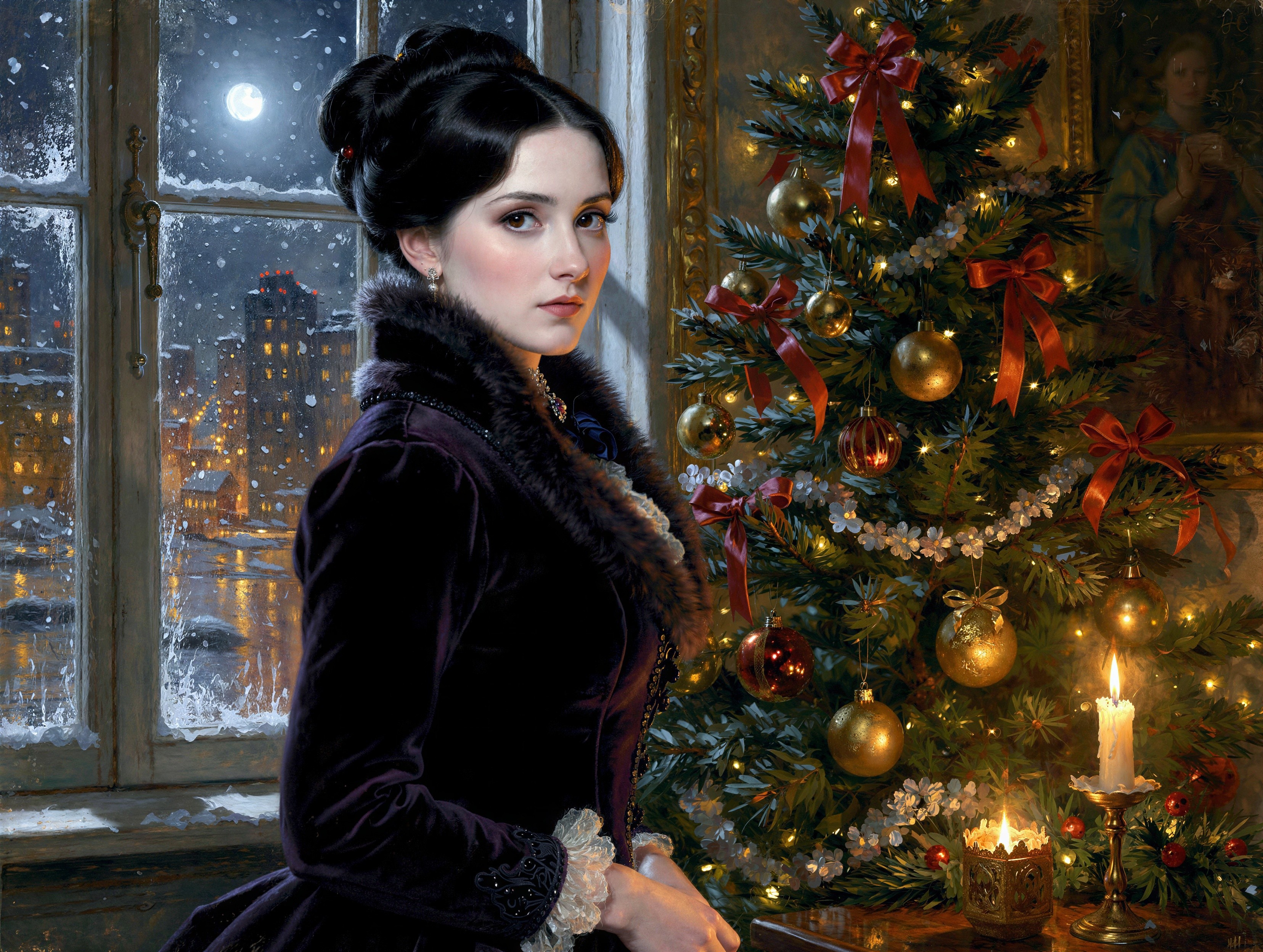 Elegant Christmas Scene with Woman by Window