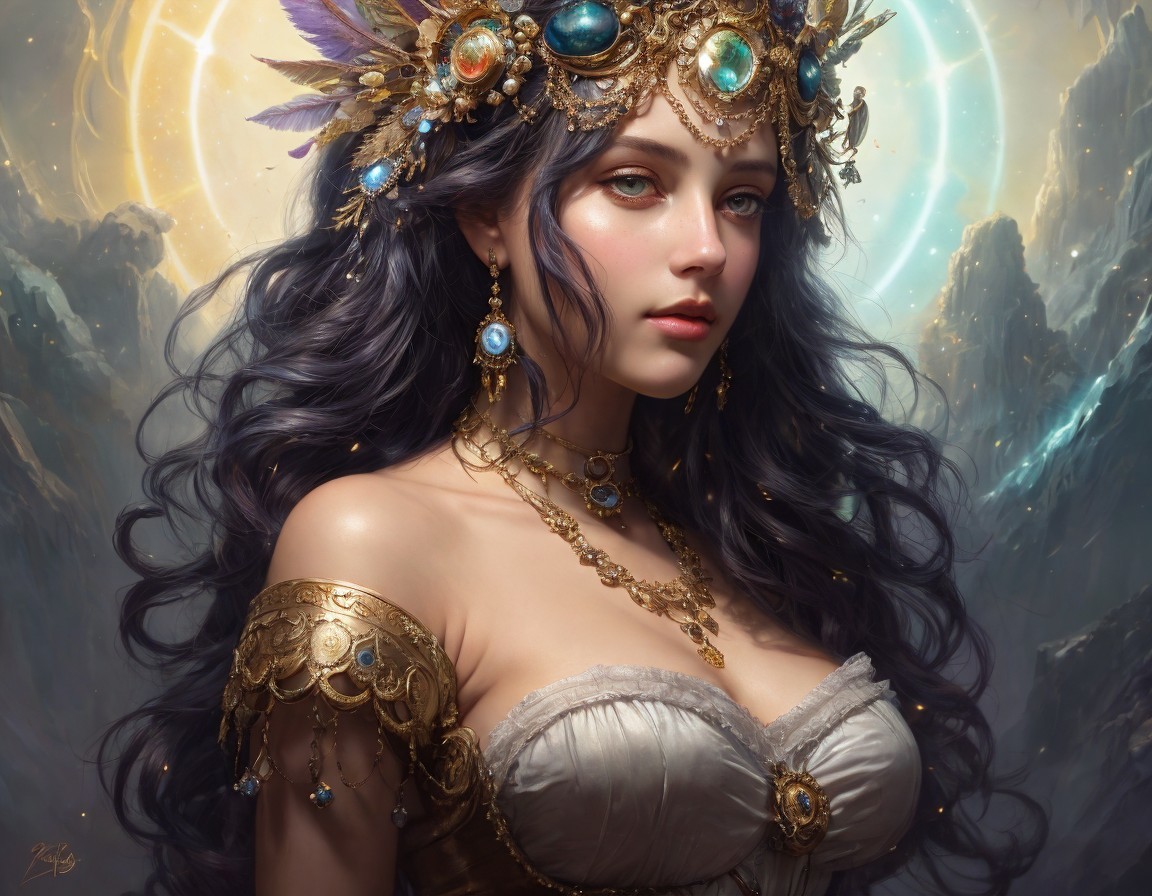 Woman with Gem-Studded Crown and Golden Armor