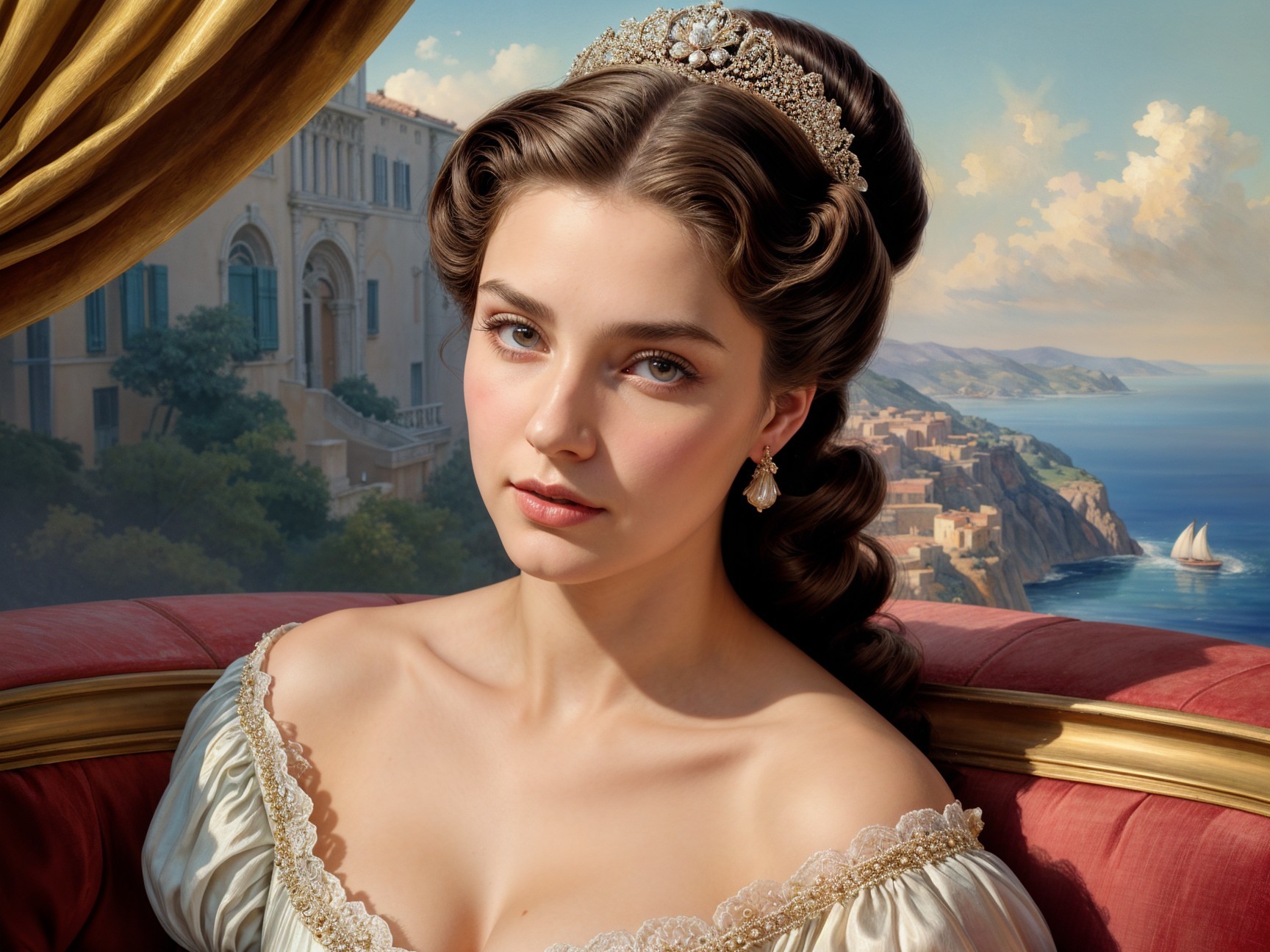 Elegant Woman in Off-the-Shoulder Gown by Coastline