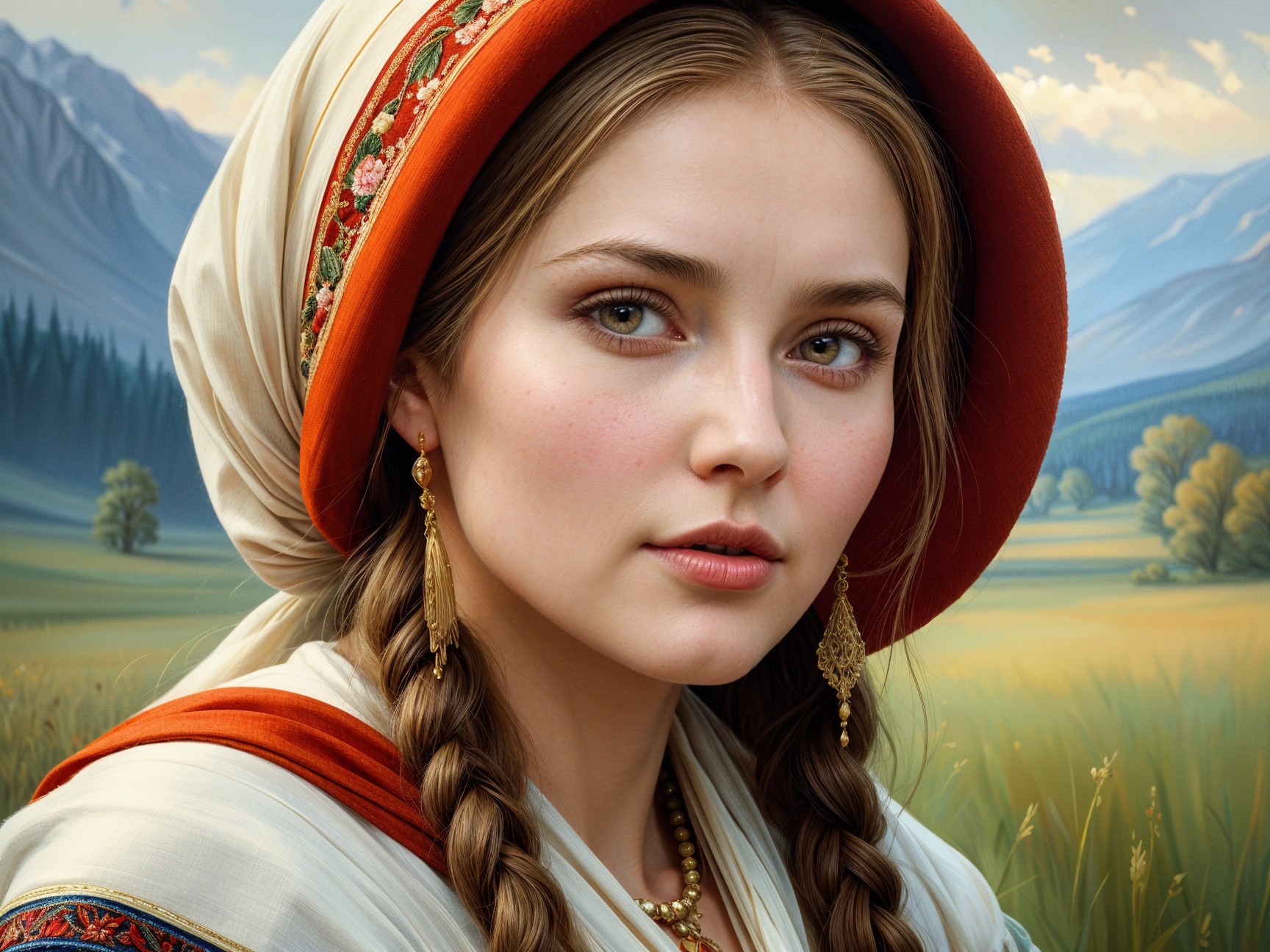 Young Woman in Traditional Attire with Scenic Background