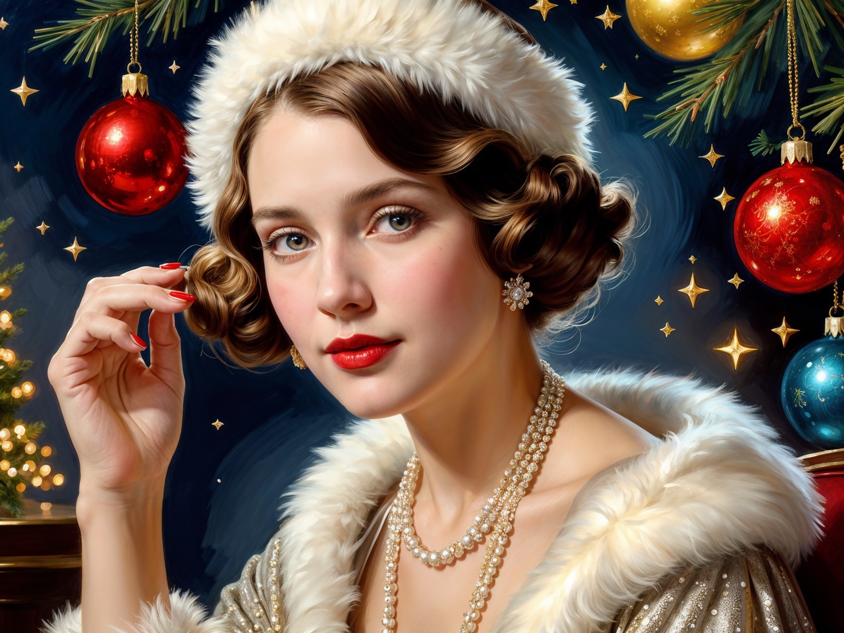 Glamorous Woman in Fur Coat by Christmas Tree