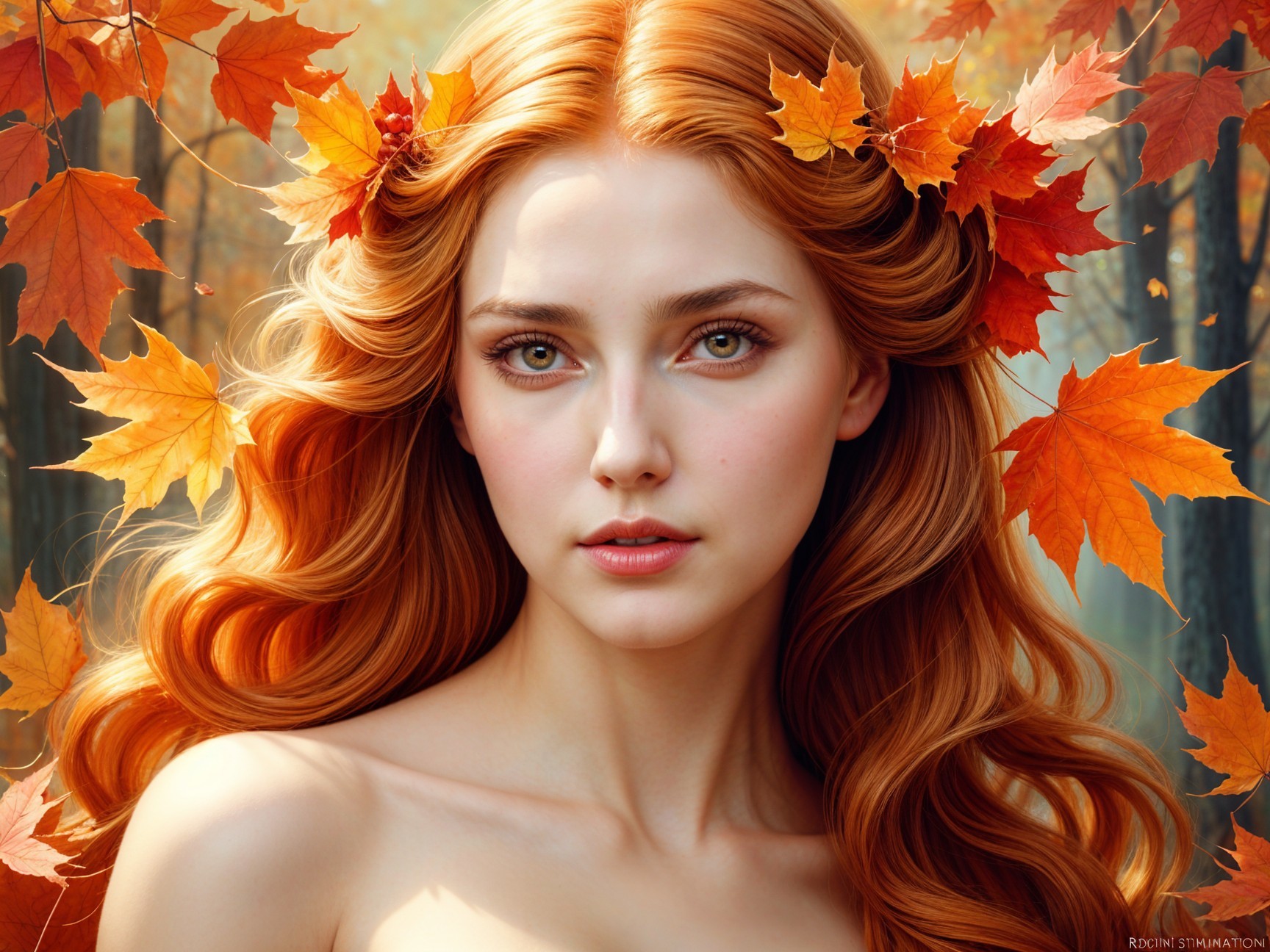 Young Woman with Red Hair in Autumn Forest Setting