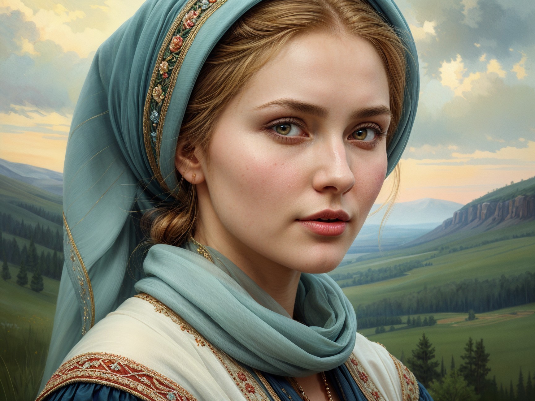 Young woman in traditional outfit with green eyes