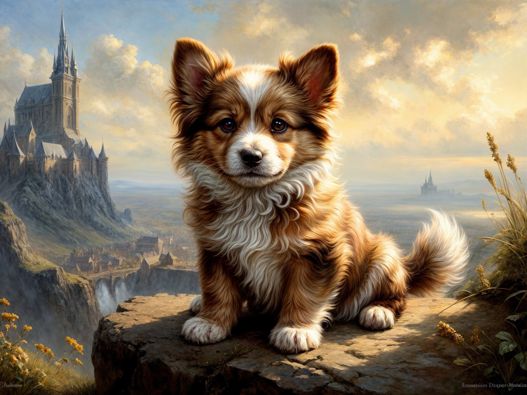 Fluffy Puppy on Rocky Outcrop with Castle View