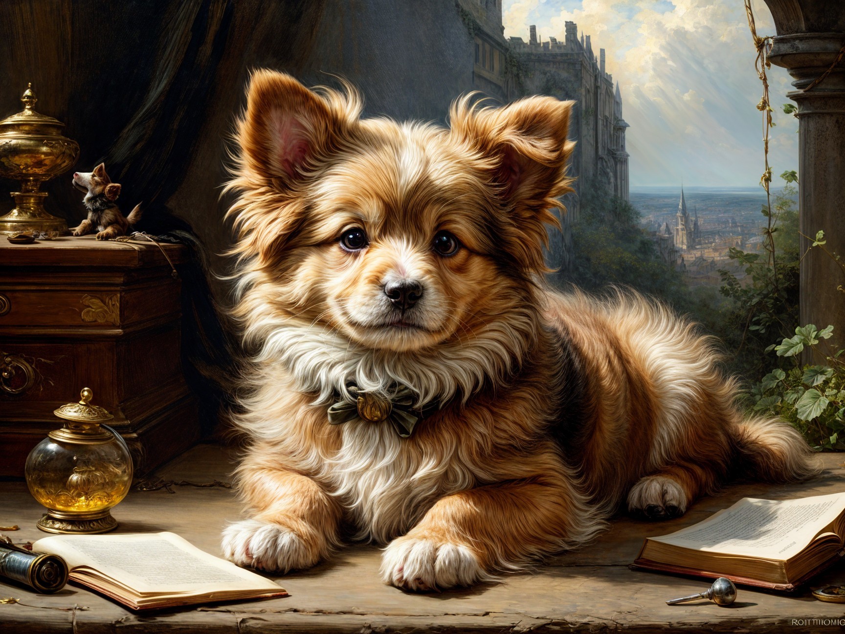 Fluffy Dog on Desk with Historical Backdrop and Mouse