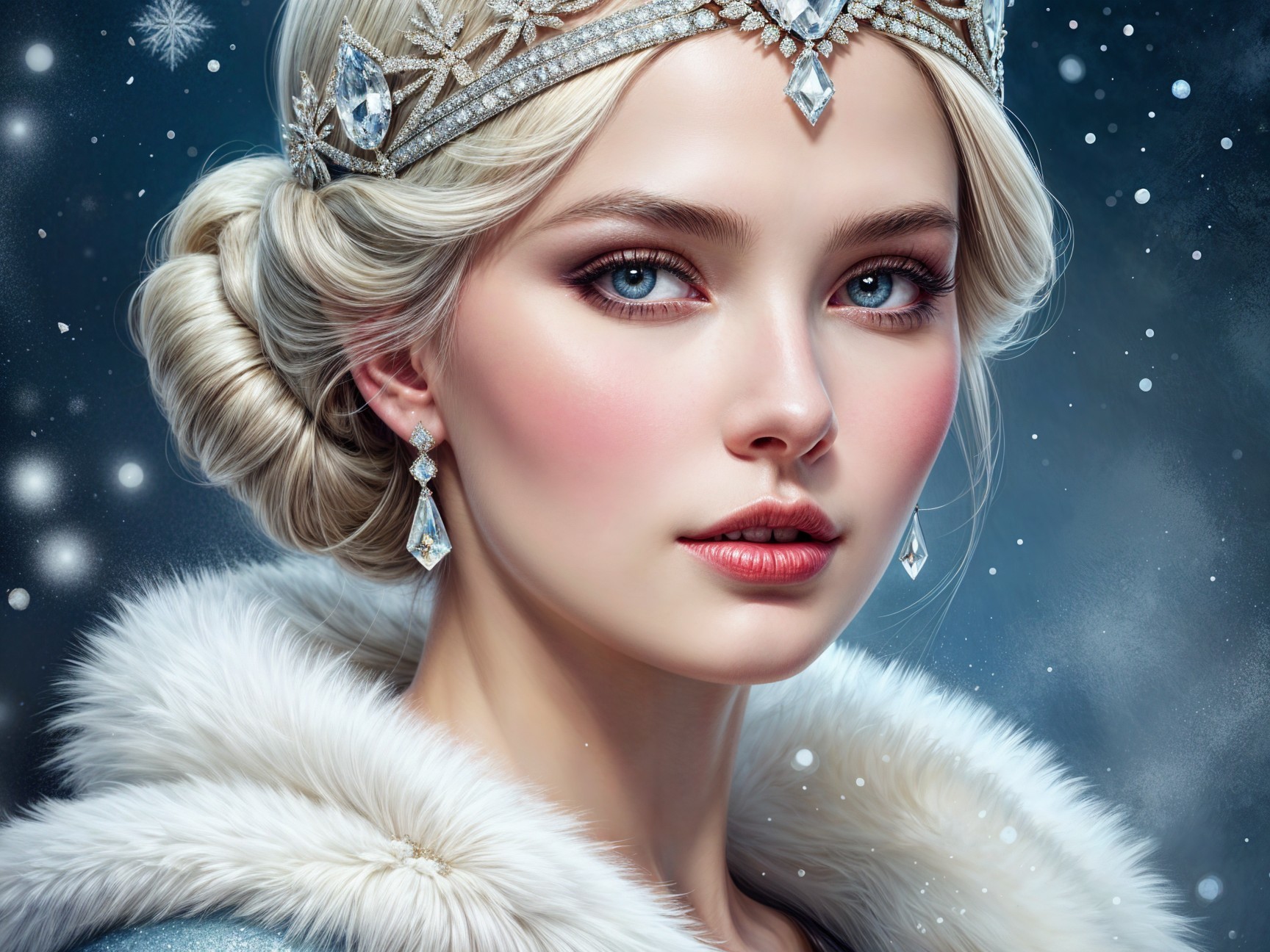Young Woman in Tiara Against Winter Snow Background