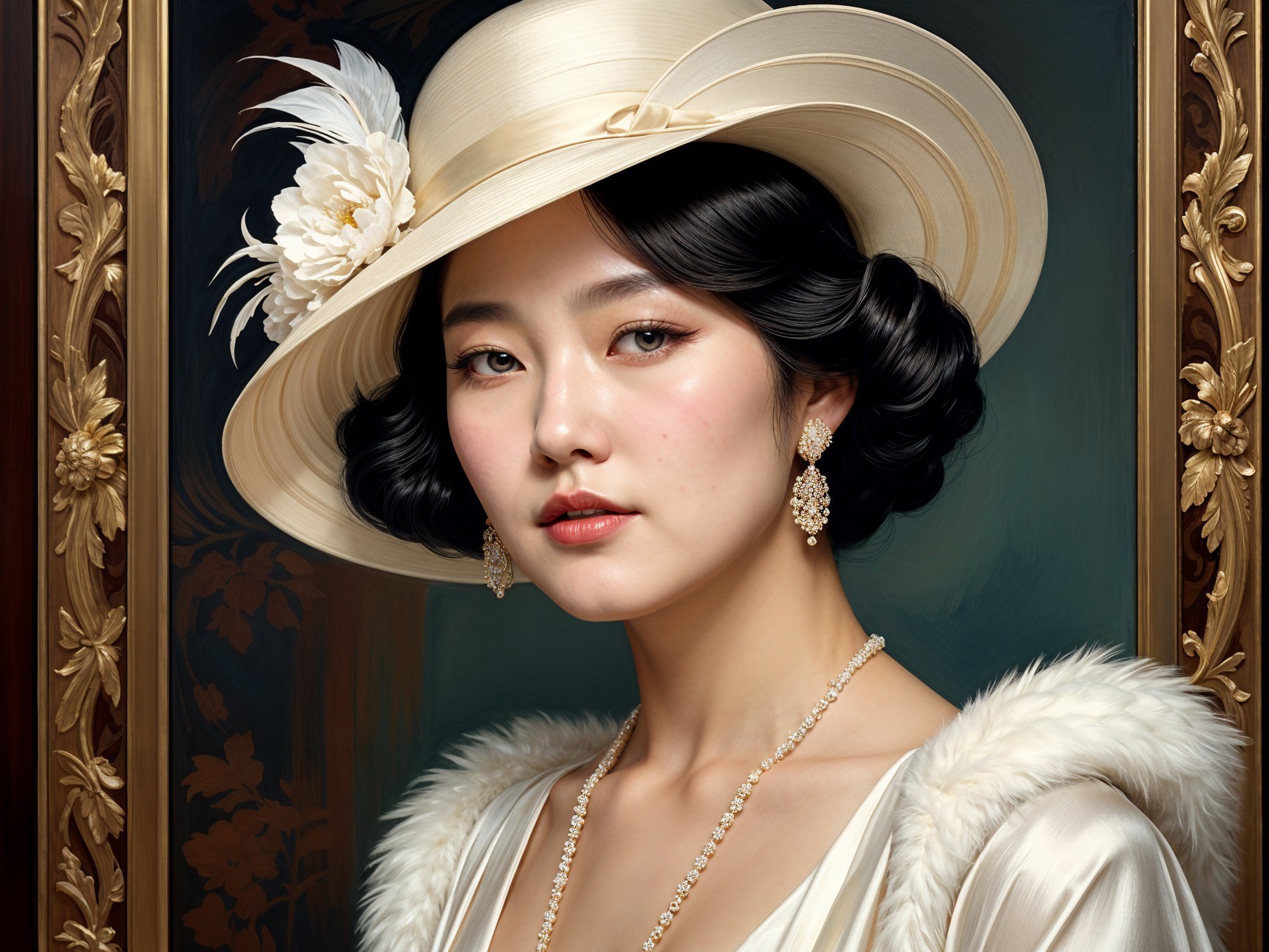 Elegant Vintage Outfit with Wide-Brimmed Hat and Pearls