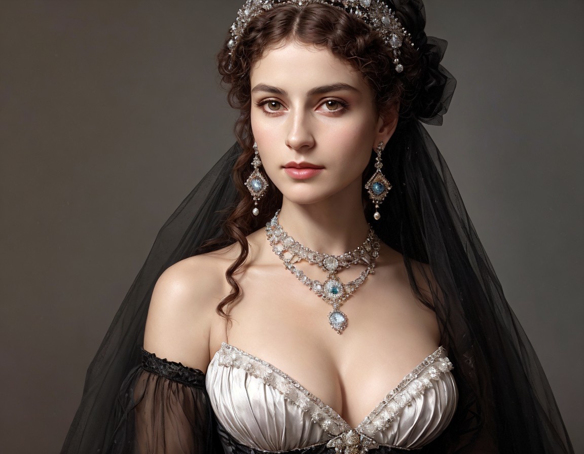 Vintage Attire Woman with Intricate Headdress and Jewelry