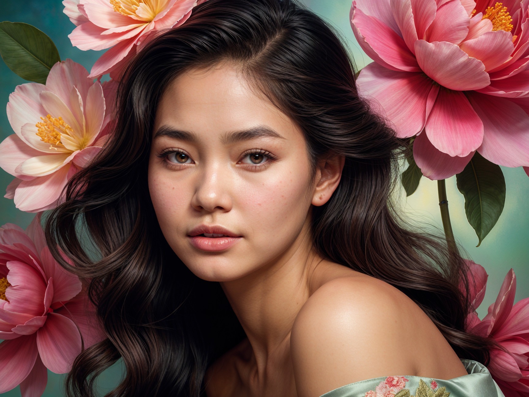 Close-up Portrait of a Woman with Flowers and Gradient