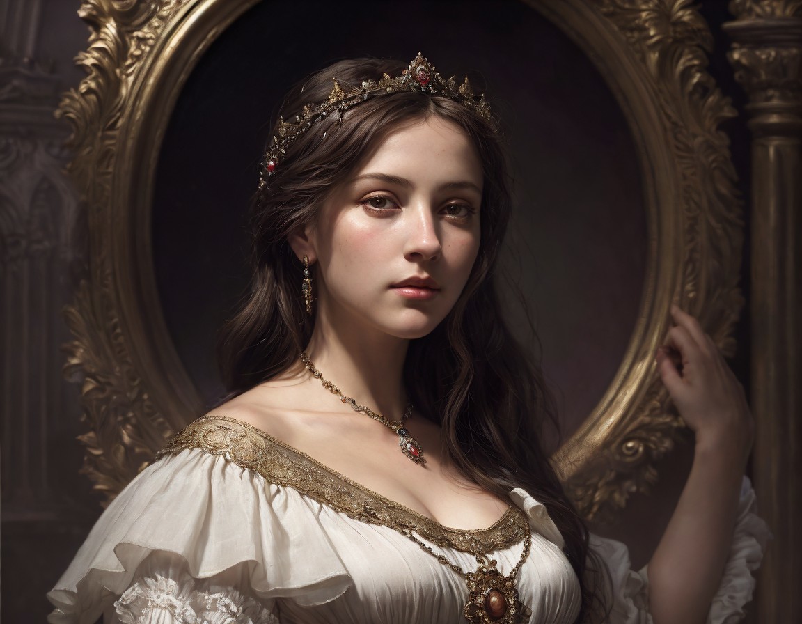 Regal woman in crown and white gown before ornate mirror