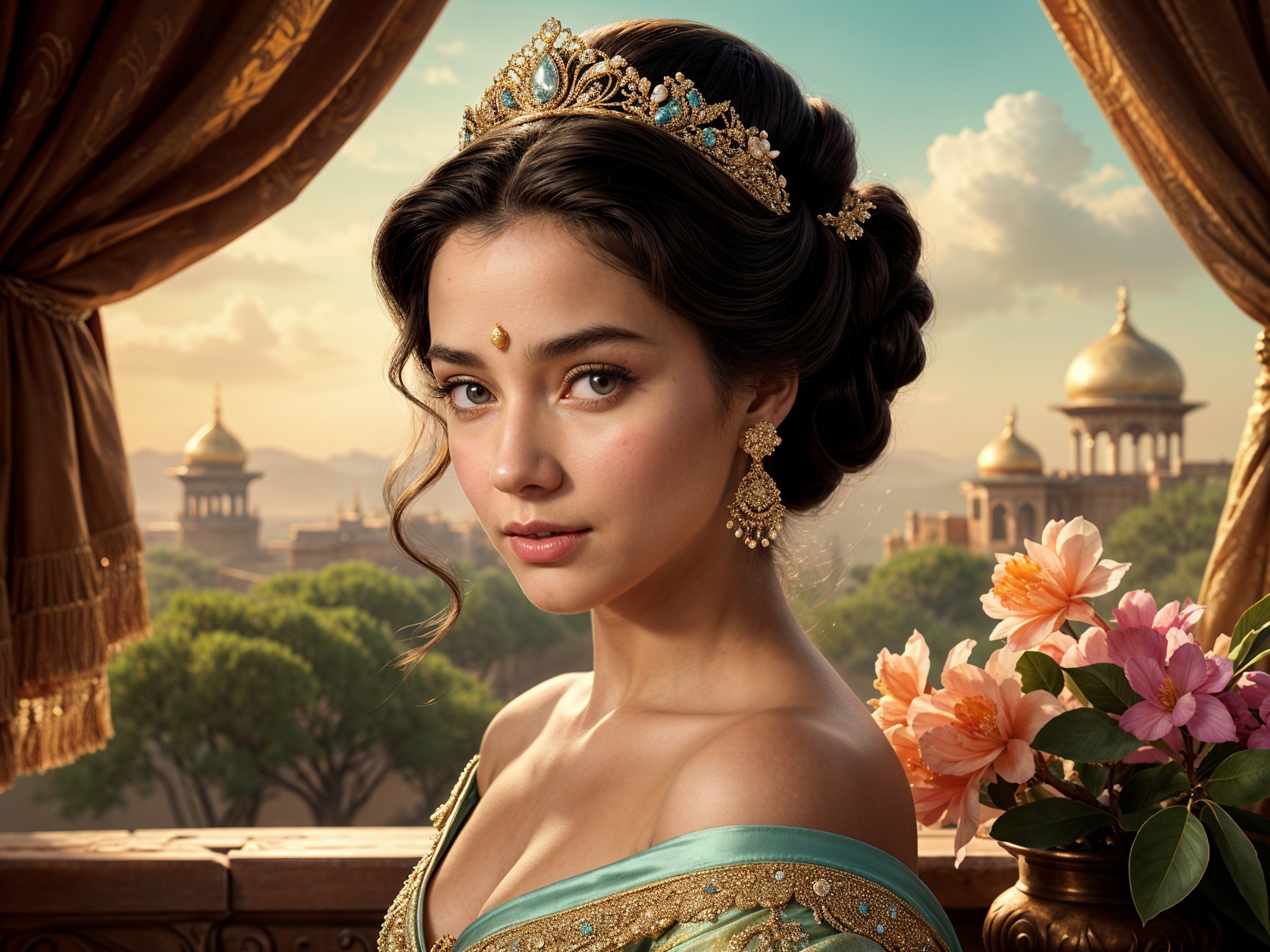 Regal Elegance of a Young Woman in Vibrant Landscape