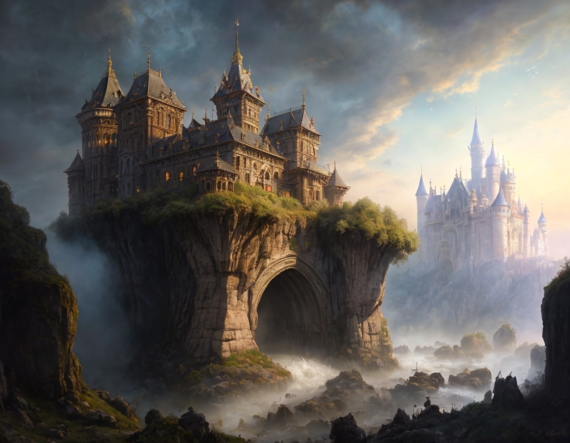 Castle on Rock Arch Surrounded by Mist and Rocky Terrain