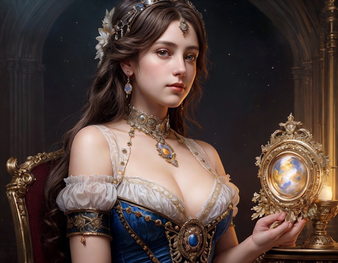 Victorian woman in royal blue and gold dress with ornate mirror