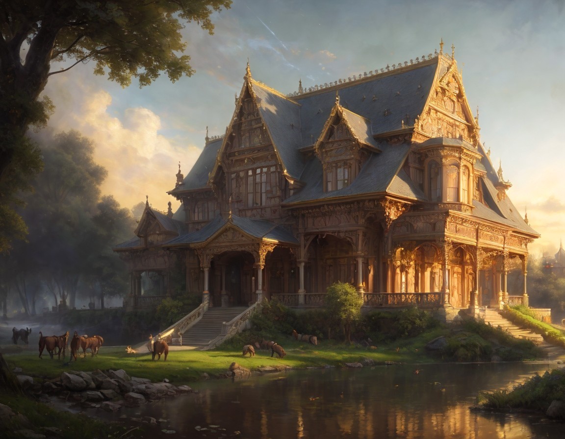 Ornate mansion by tranquil pond with grazing horses