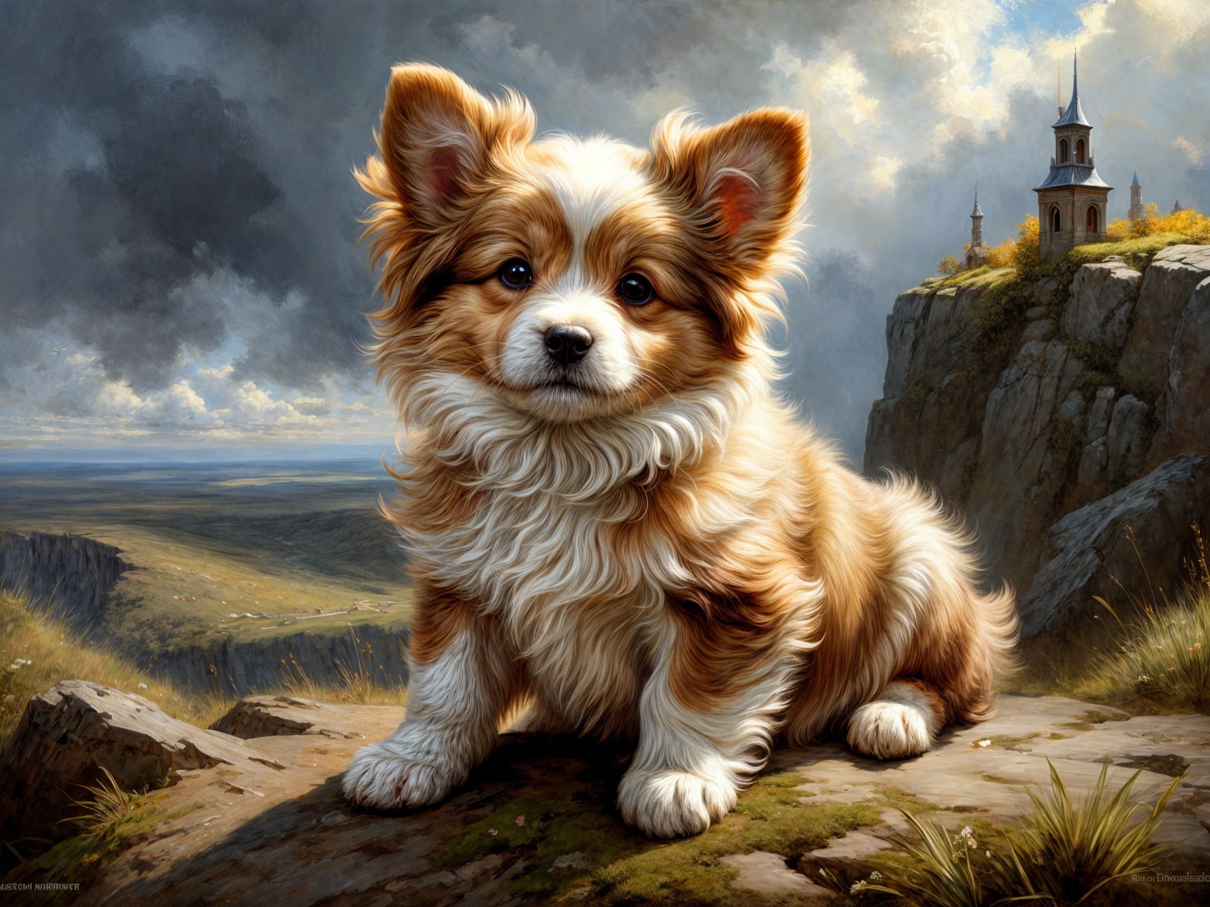 Fluffy Dog on Rocky Ledge with Scenic Landscape