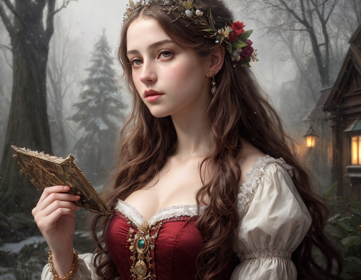 Woman in Floral Crown with Book in Misty Woodland