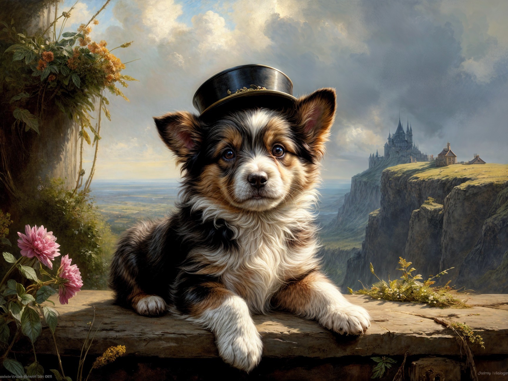 Corgi Puppy in Hat Surrounded by Flowers and Castle