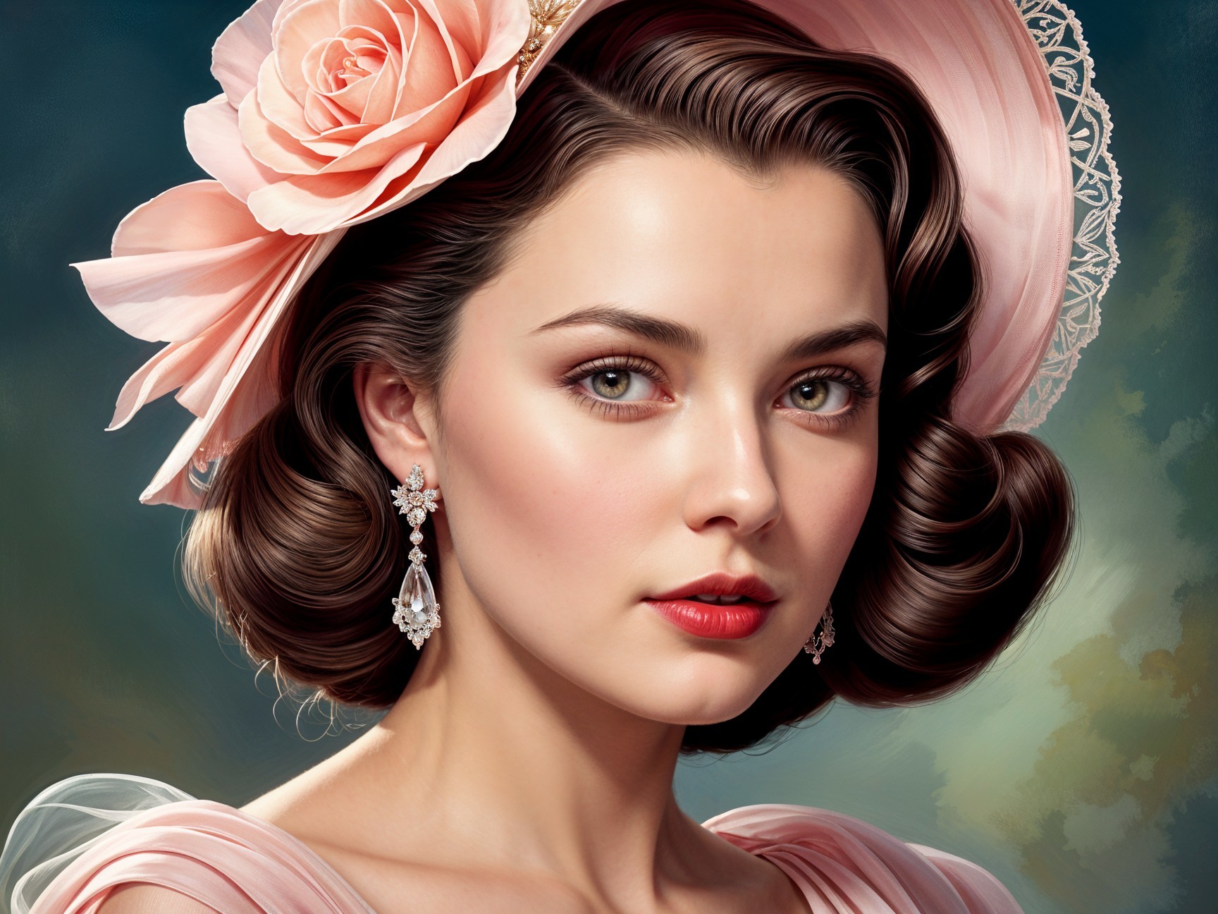 Elegant Woman in Pink Dress with Rose in Hair