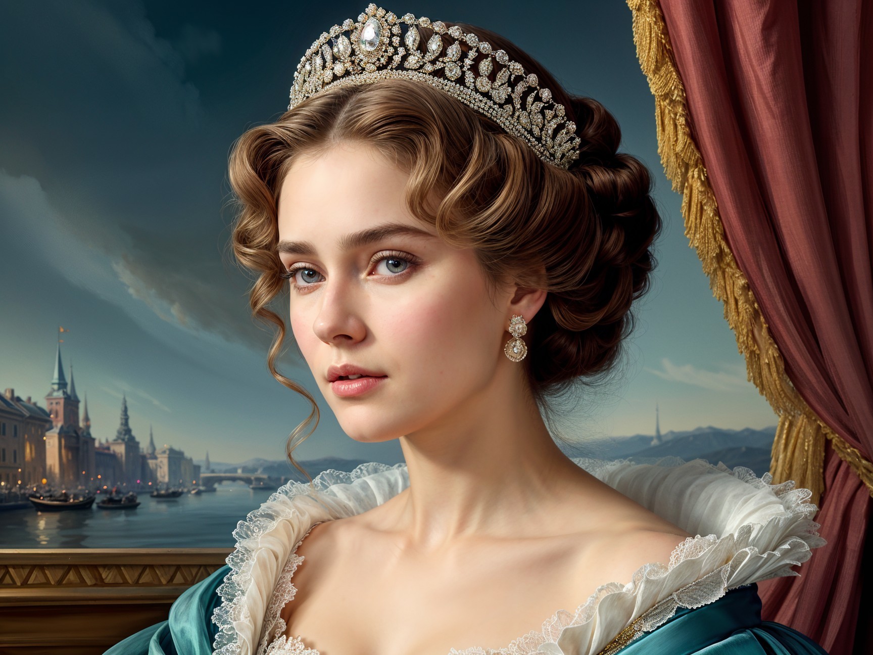 Regal Young Woman in Elegant Gown and Tiara