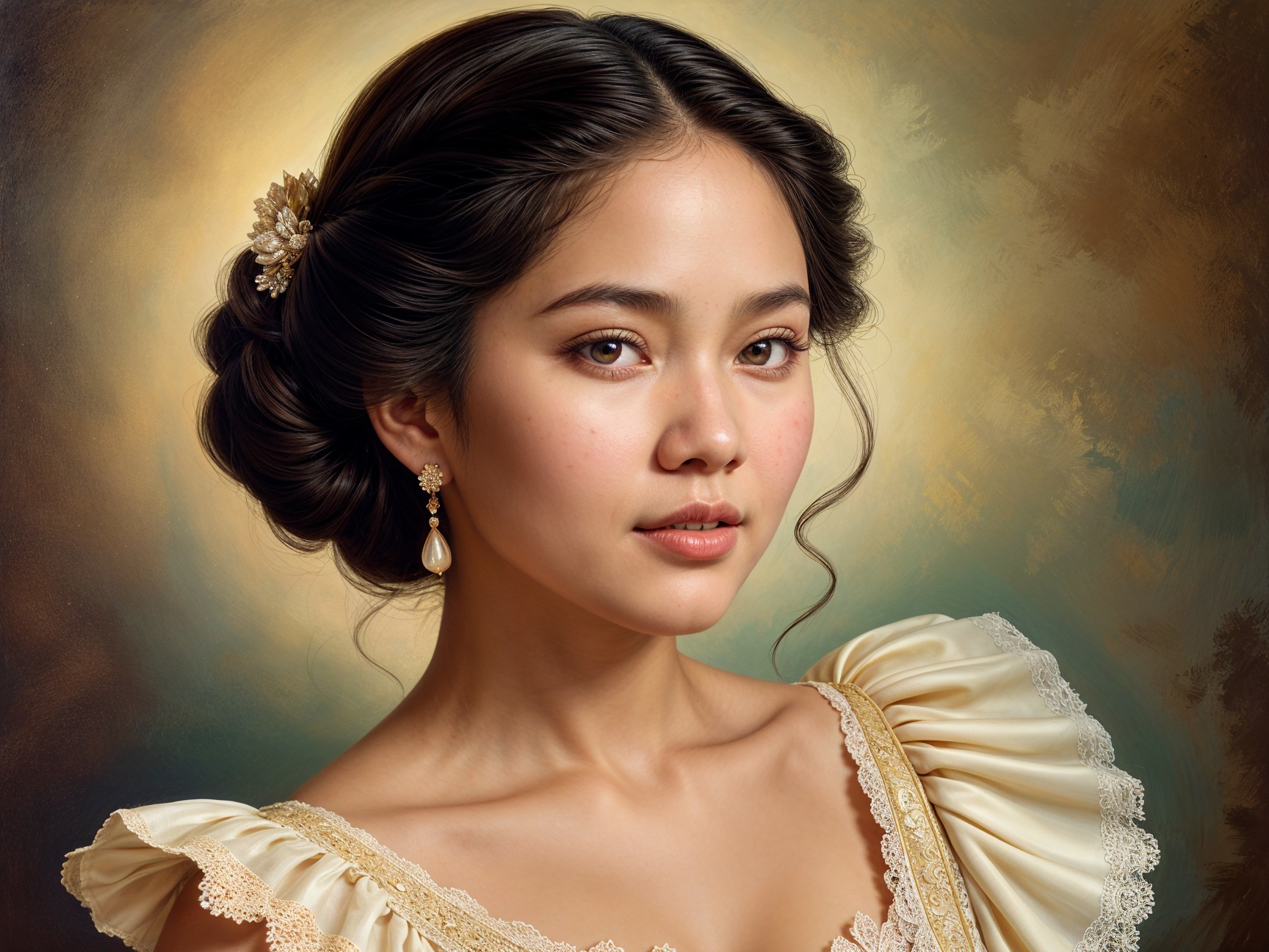 Young Woman in Elegant Off-the-Shoulder Gown