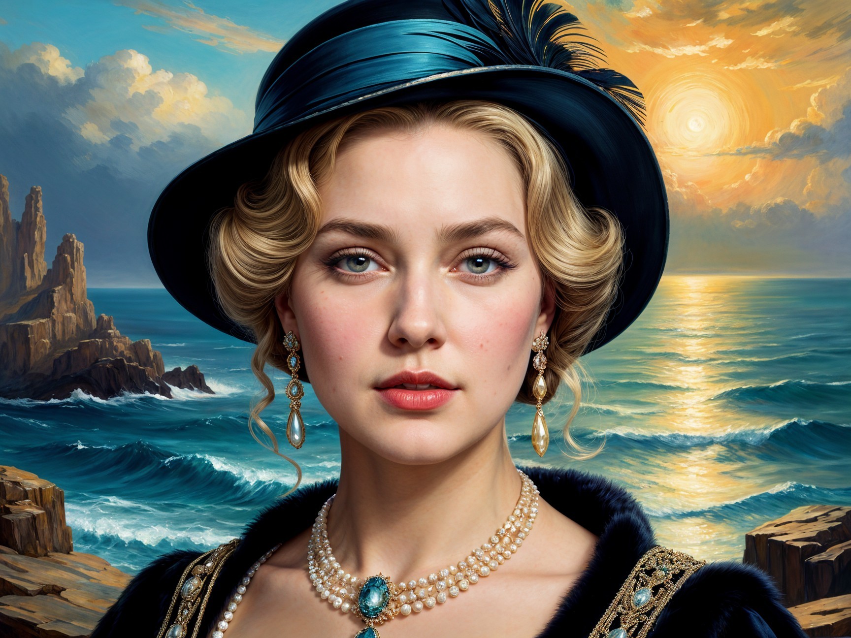 Young Woman in Stylish Hat by Coastal Sunset