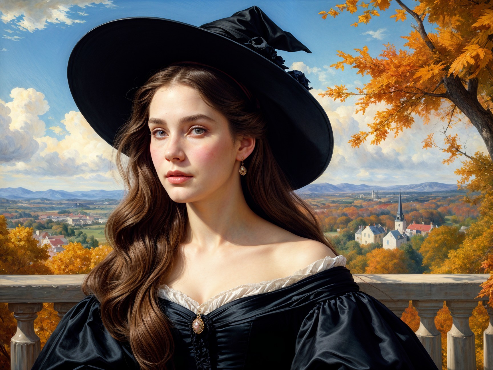 Young woman in black gown against autumn landscape
