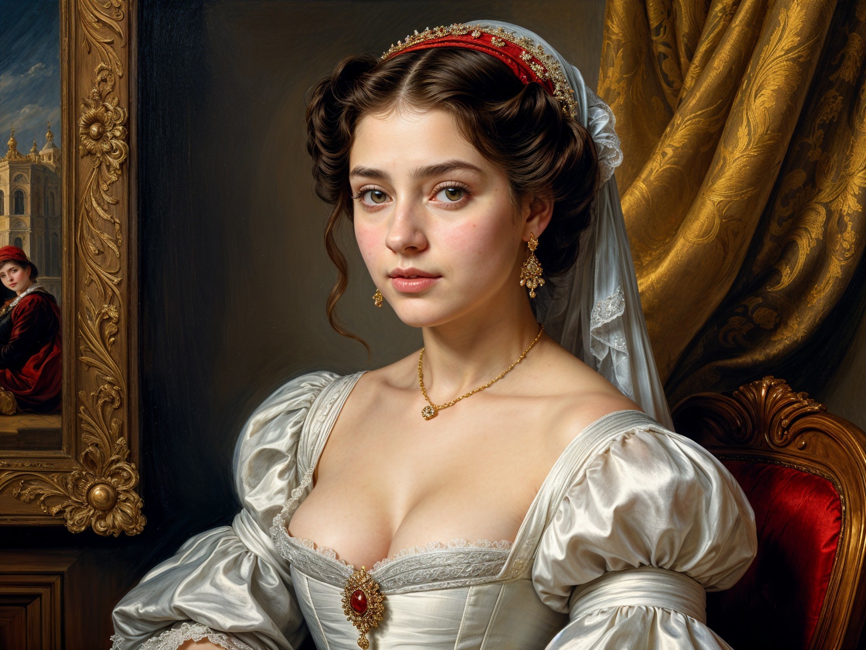 Young Woman in Luxurious Historical Gown with Jewelry