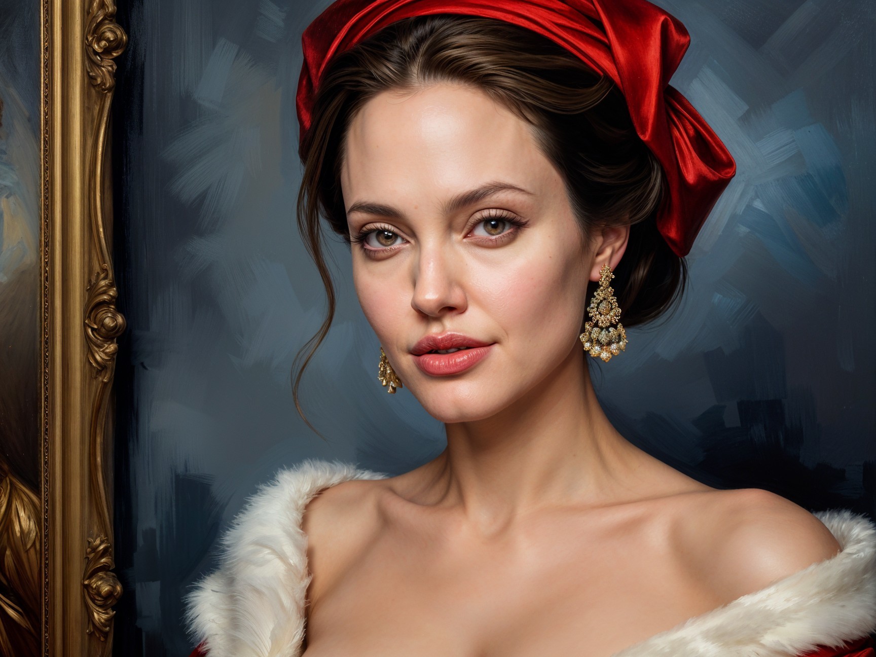 Elegant Woman in Outfit with Red Ribbon and Earrings