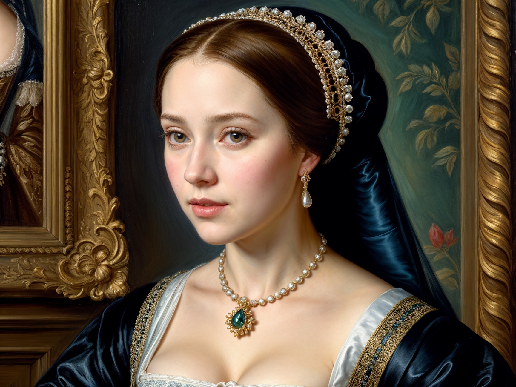 Elegant Woman in Dark Gown with Pearl Necklace