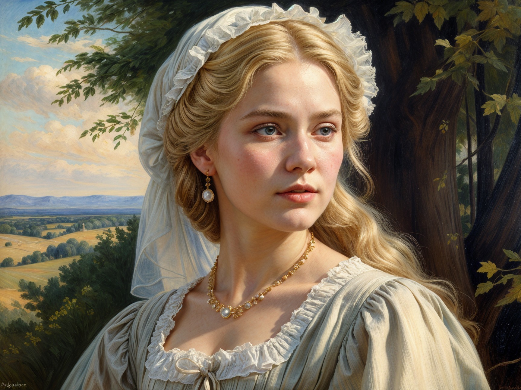 Young Woman in Cream Dress Against Scenic Landscape