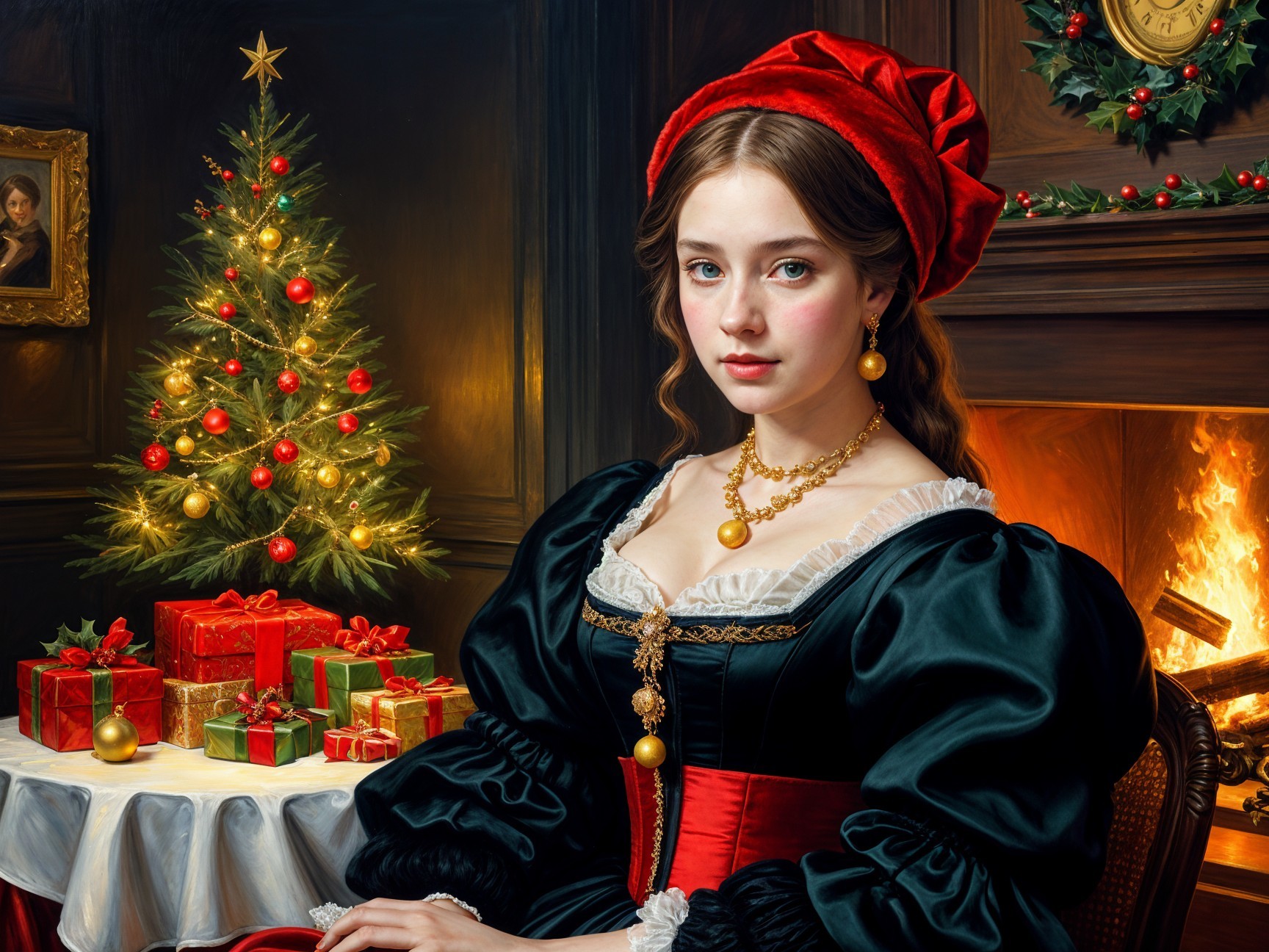 Young Woman in Holiday Decorated Room with Christmas Tree