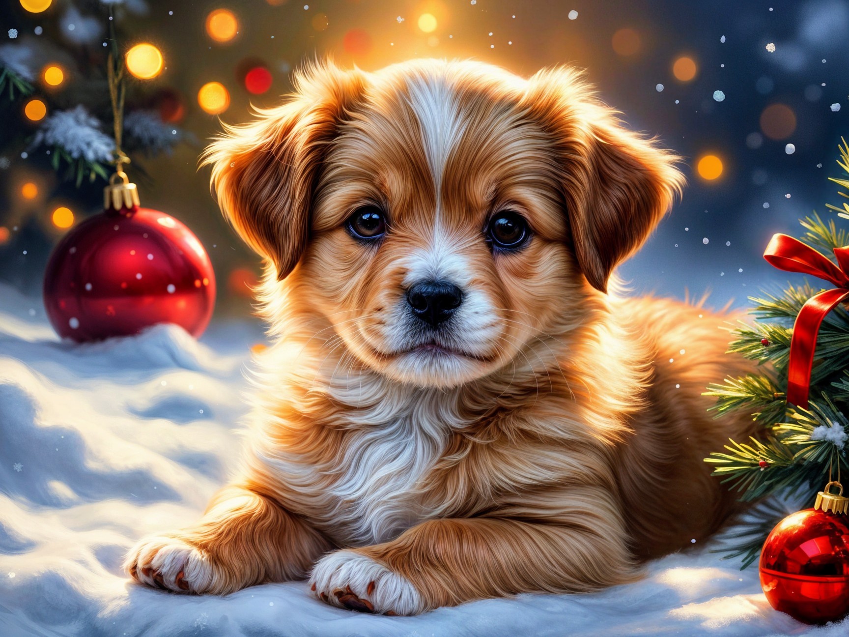 Fluffy Golden Puppy in Cozy Holiday Snow Scene