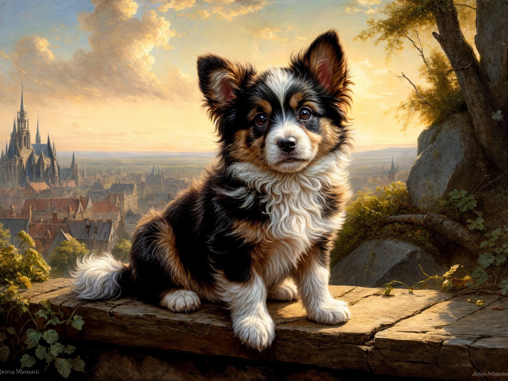 Tricolor Puppy on Ledge with Sunset and Town Background