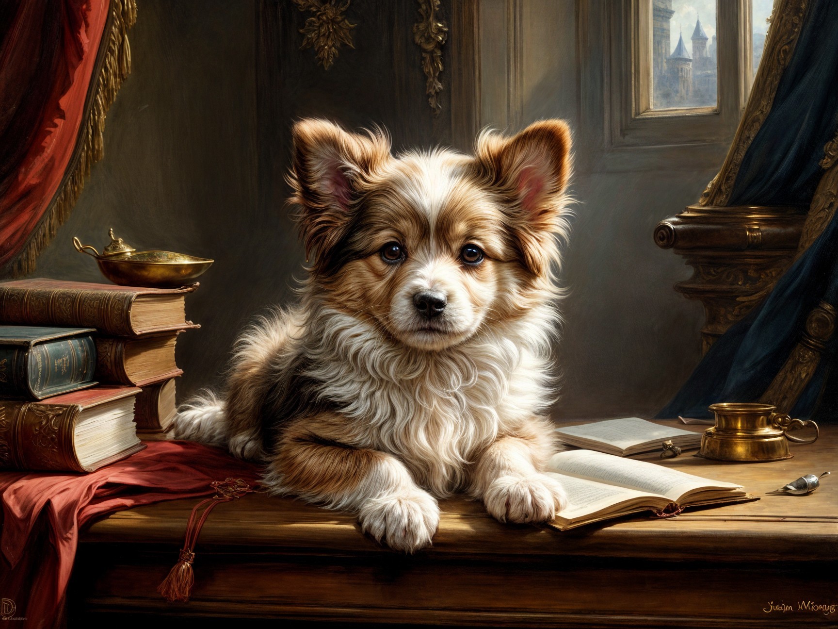 Fluffy Puppy Resting Among Antique Books and Soft Light