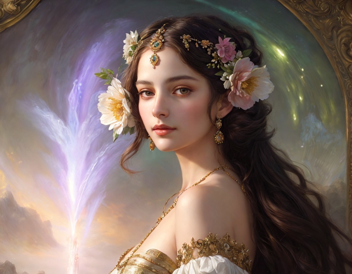 Digital painting of a woman with floral hair and gown
