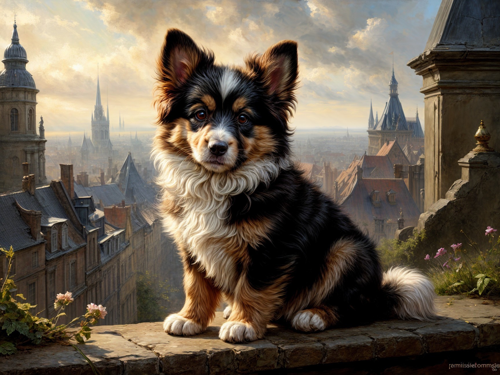 Fluffy Tricolor Dog Overlooks Medieval Townscape