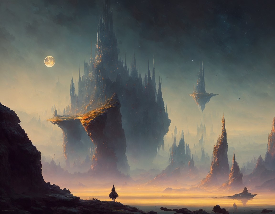 Lone Figure Before Alien Spires in Misty Landscape