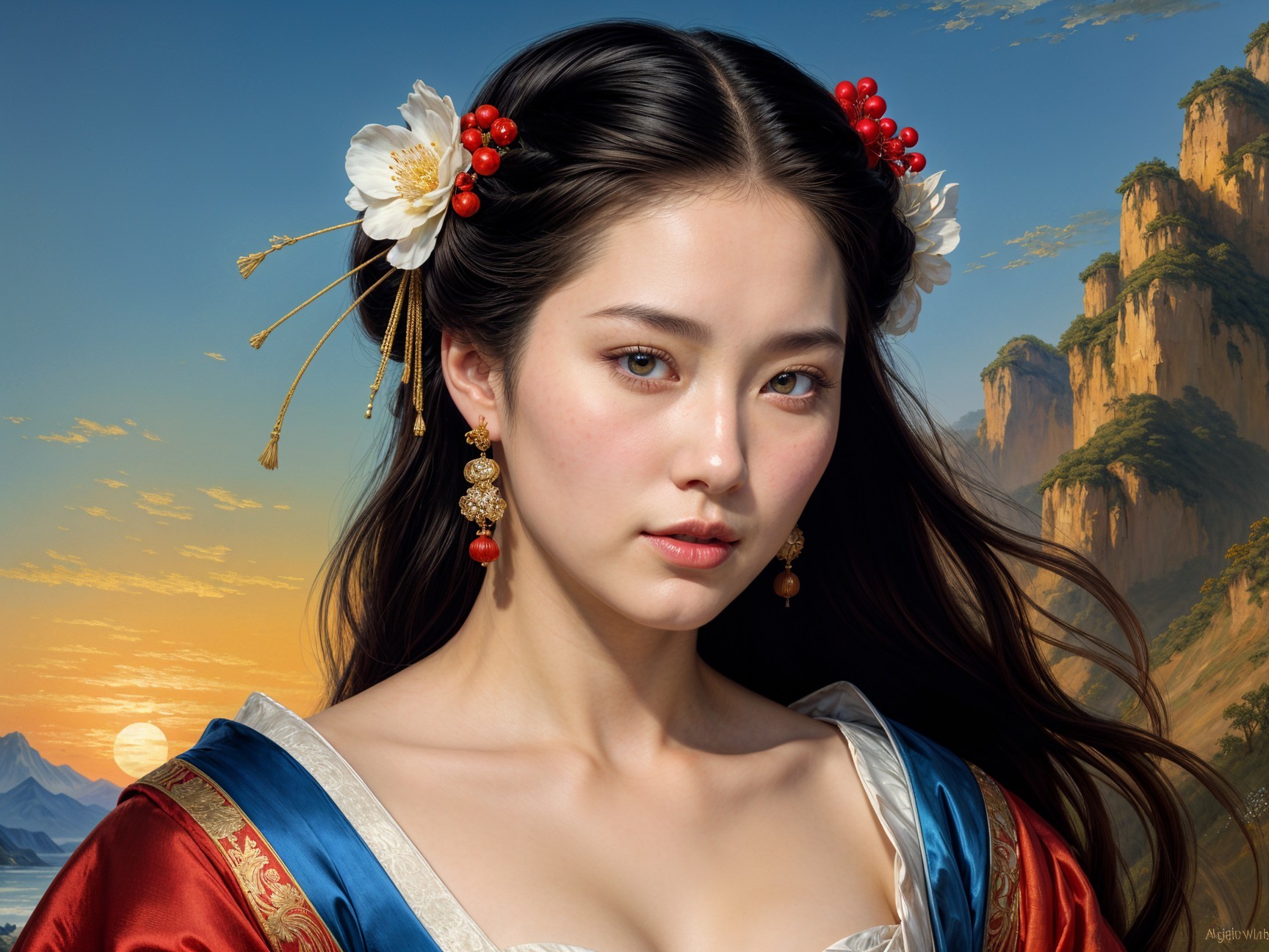 Regal Woman in Traditional Attire Against Sunset Mountains