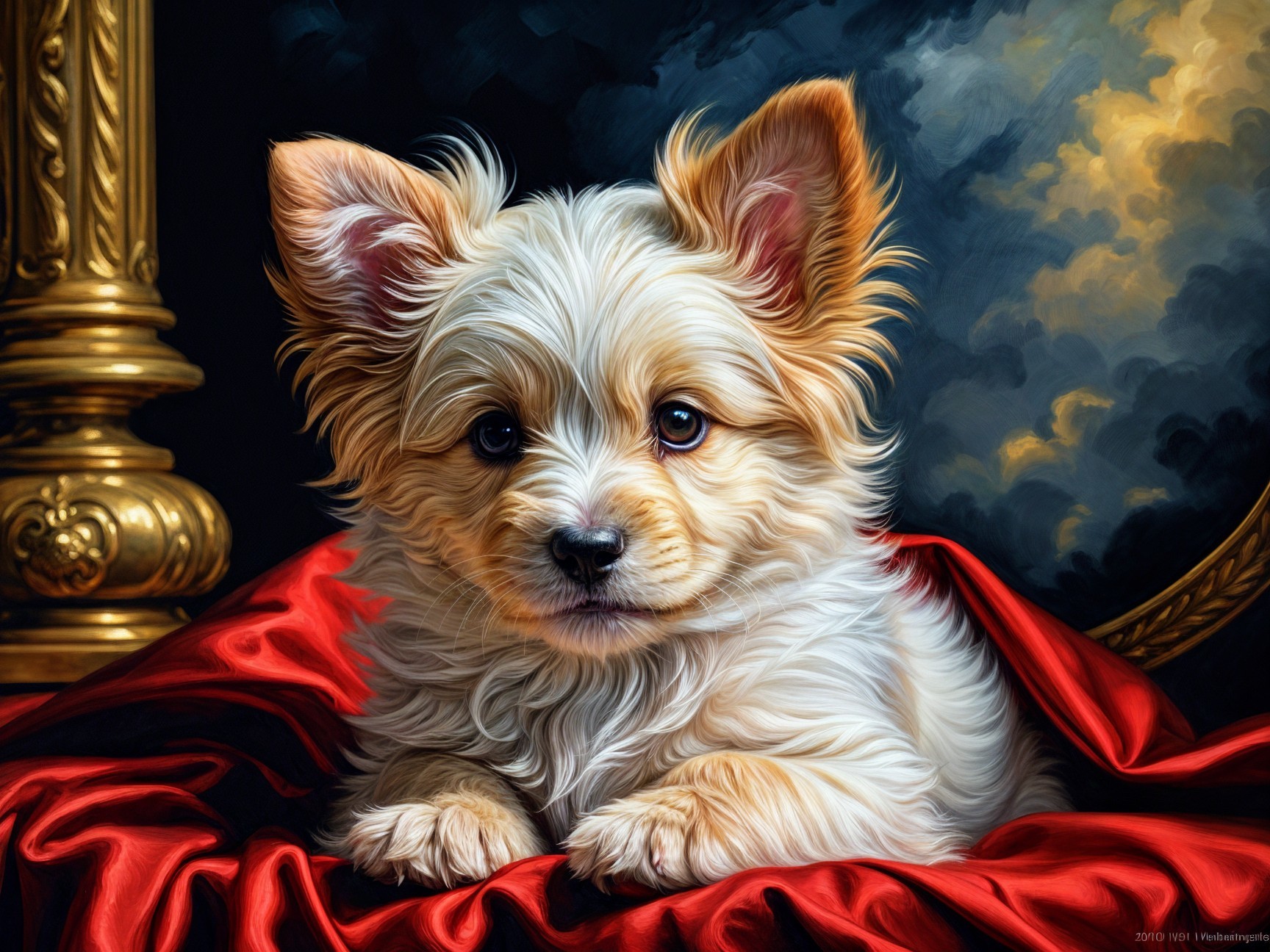 Fluffy Golden-Haired Puppy on Red Silk Cloth