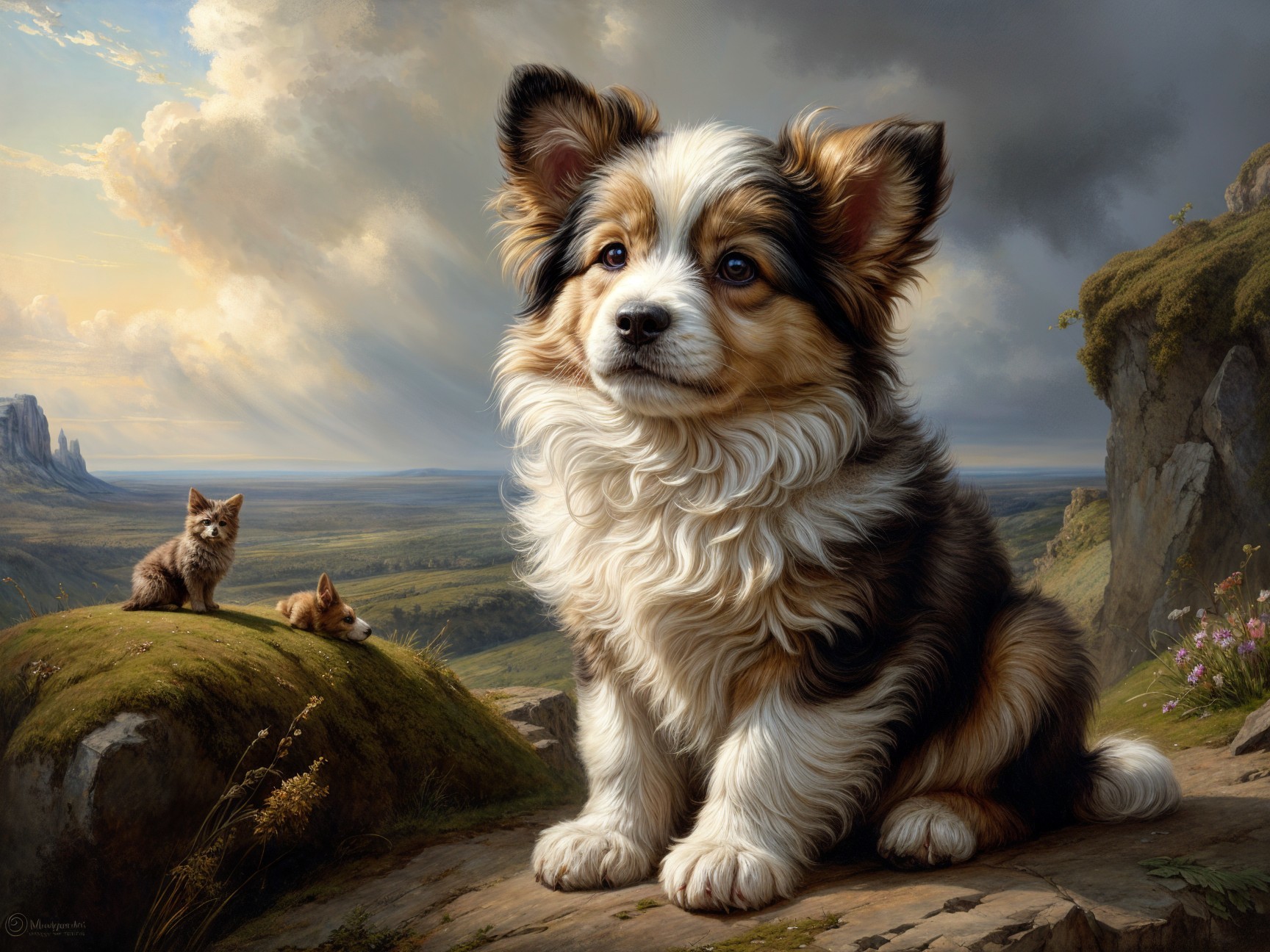 Fluffy Dog on Hilltop with Foxes and Scenic Landscape
