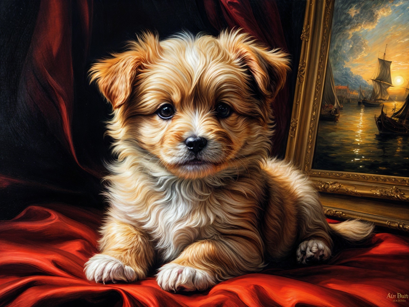 Fluffy puppy on red drape with classic painting backdrop