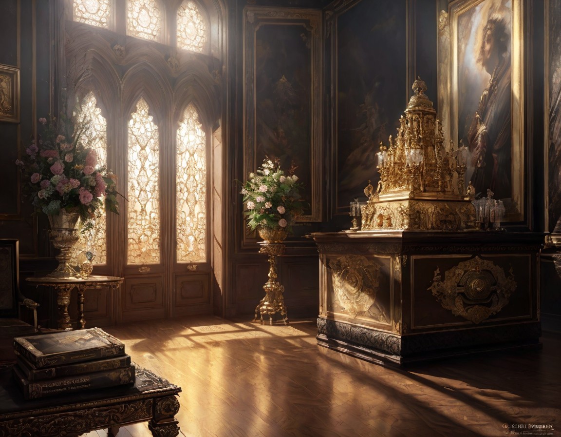 Opulent Room with Golden Furnishings and Stained Glass