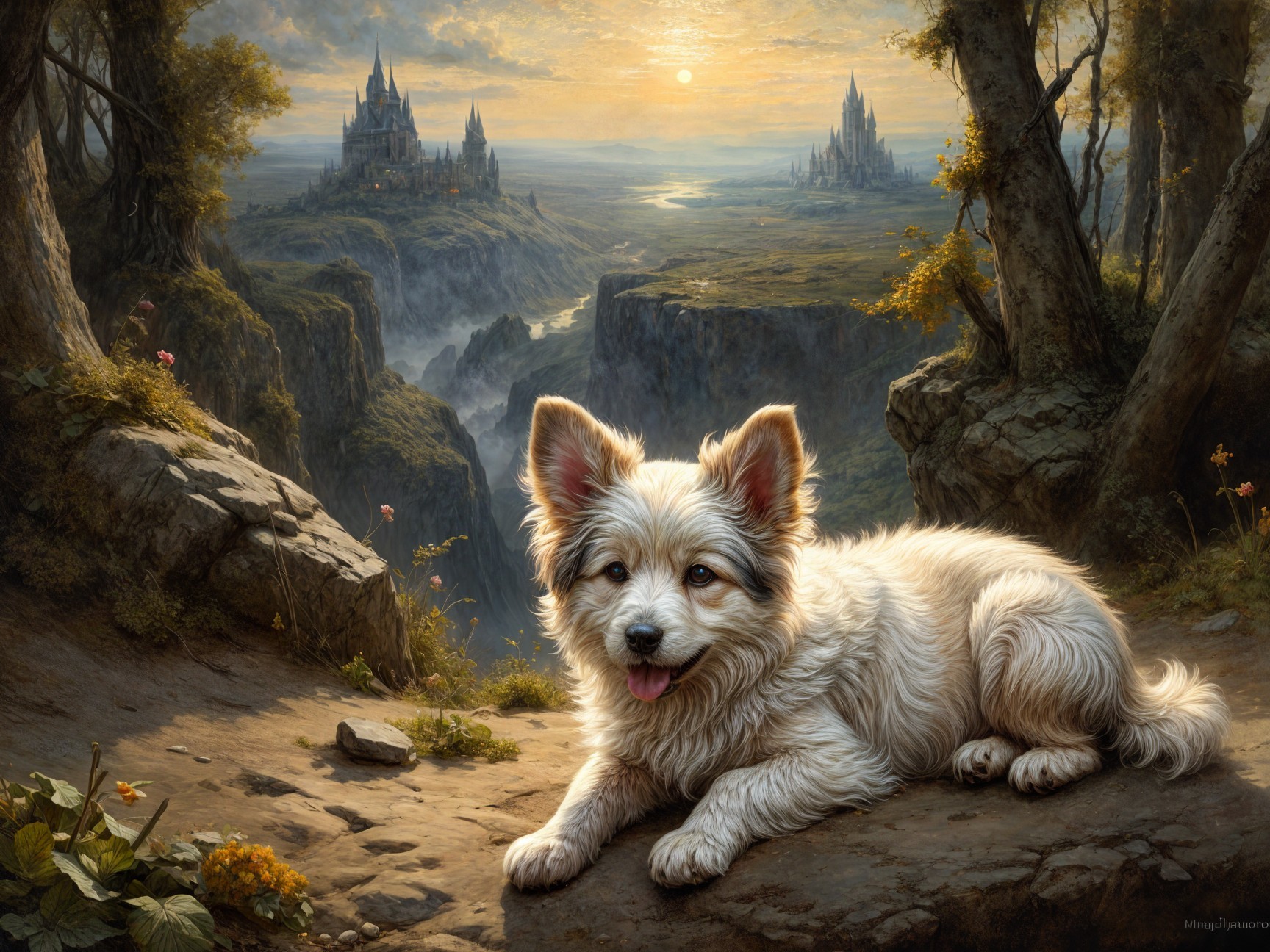 Fluffy White Dog in Fantasy Landscape with Castles