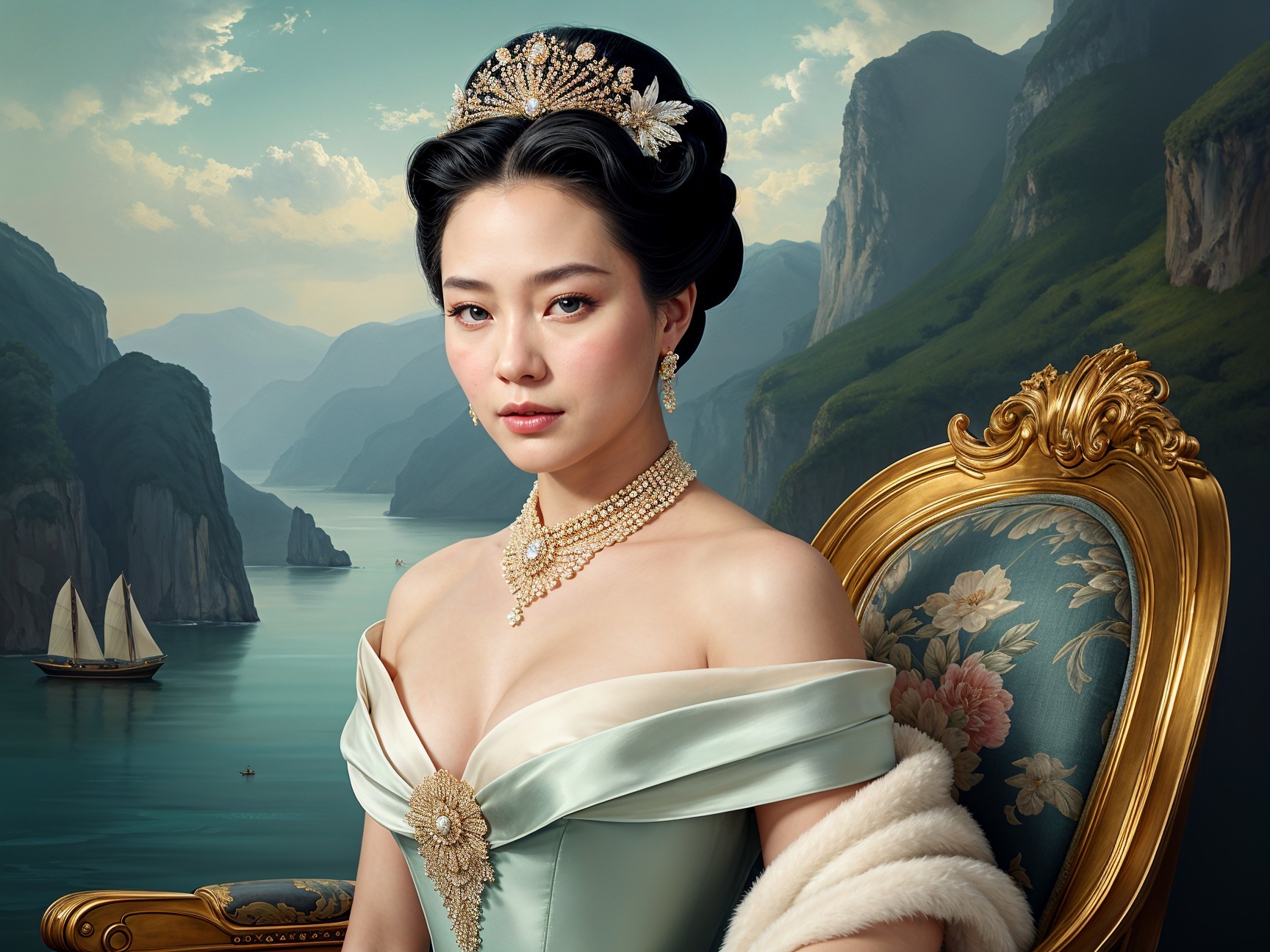 Regal Woman in Mint-Green Gown and Elegant Setting